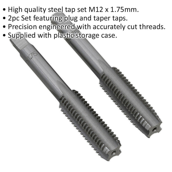 2 PACK M12 x 1.75mm Taper & Plug Tap Set - Premium Steel - Socket Threading Bit Loops