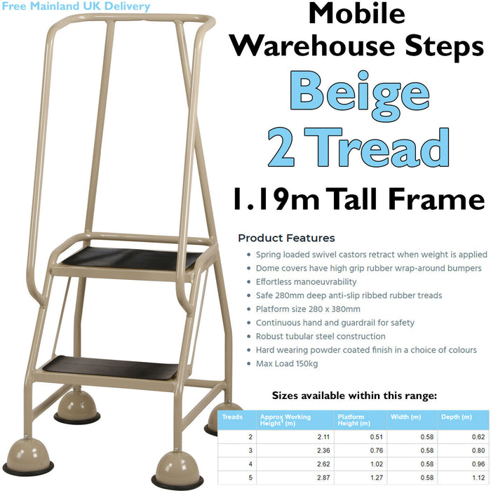 2 Tread Mobile Warehouse Steps BEIGE 1.19m Portable Safety Ladder & Wheels Loops