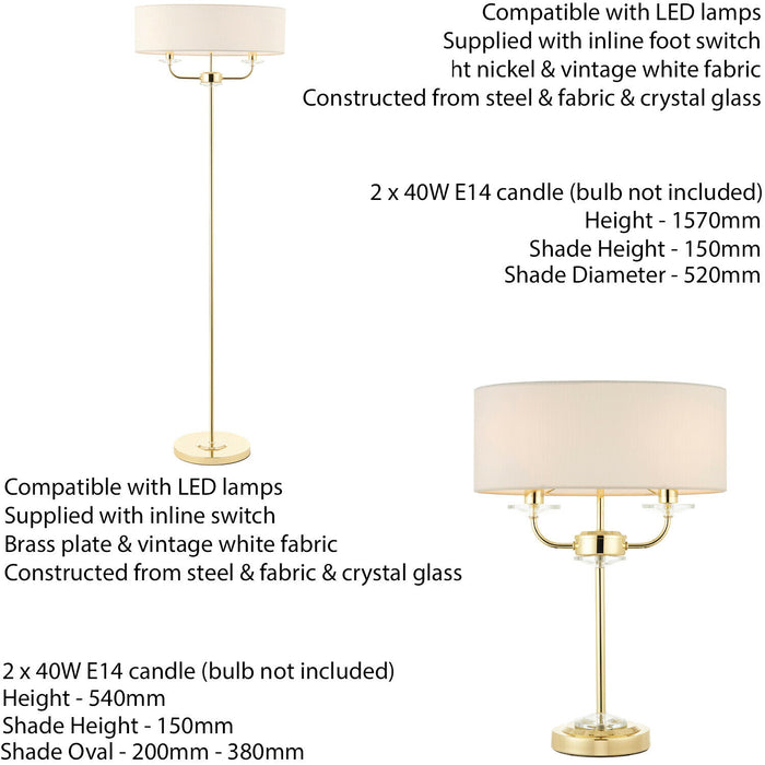 Standing Floor & Table Lamp Set Brass Crystal & Vintage White Shade Twin Light Loops