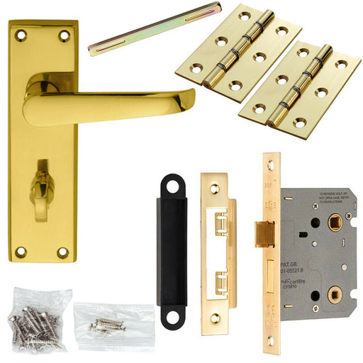 Door Handle & Bathroom Lock Pack Brass Victorian Straight Thumbturn Backplate Loops