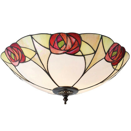 Tiffany Glass Flush Ceiling Light - Mackintosh Style Rose - Dark Bronze Finish Loops