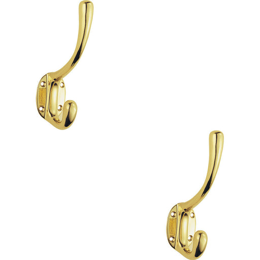 2x Heavyweight One Piece Hat & Coat Hook 76mm Projection Polished Brass Loops