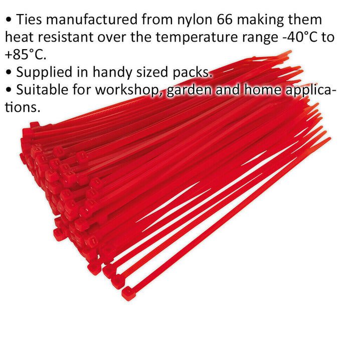 100 PACK Red Cable Ties - 200 x 4.8mm - Nylon 66 Material - Heat Resistant Loops