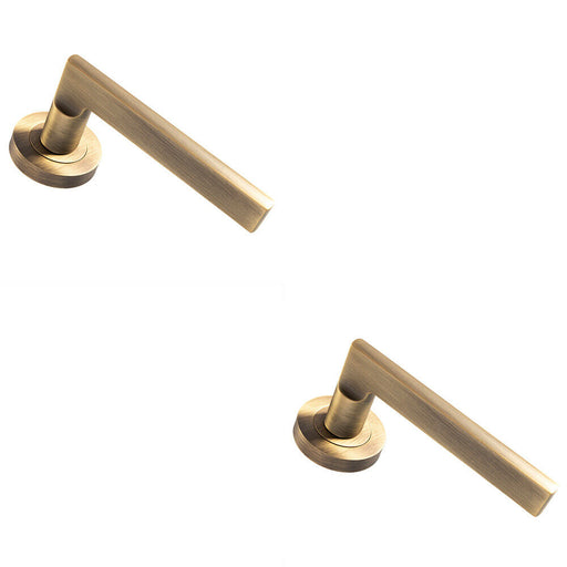 2x PAIR Straight Plinth Mounted Lever on Round Rose Concealed Fix Antique Brass Loops