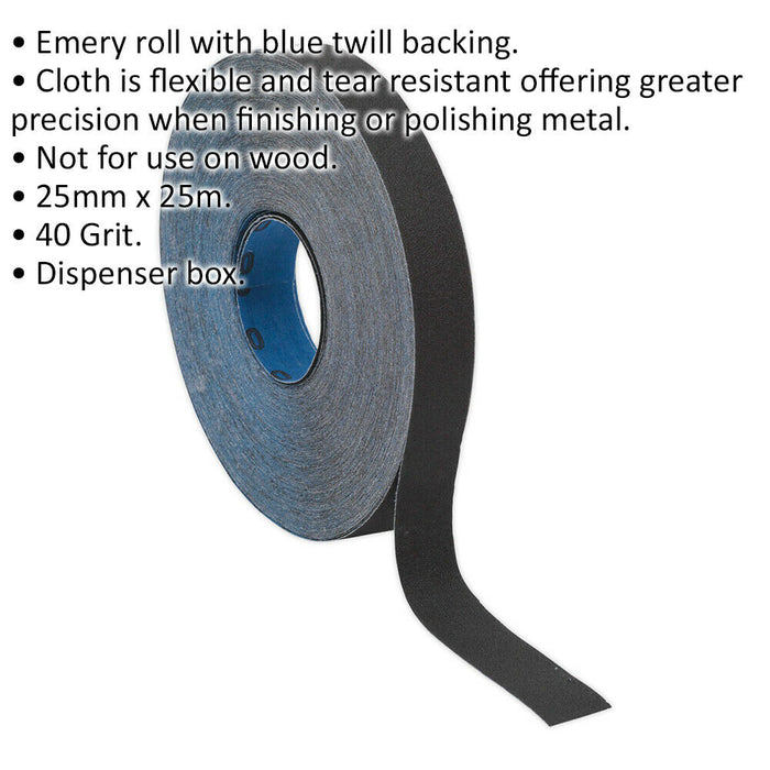 Blue Twill Emery Roll - 25mm x 25m - Flexible & Tear Resistant - 40 Grit Loops
