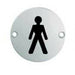 2x Bathroom Door Male Symbol Sign 64mm Fixing Centres 76mm Dia Polished Steel Loops