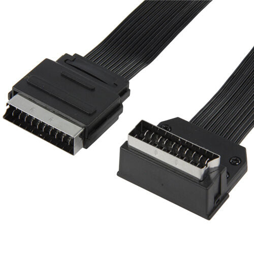 2m Flat Scart Cable 90/270 Degree Angled Male To Plug Lead TV DVD Loops