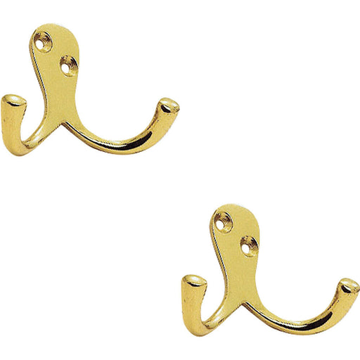 2x Victorian One Piece Double Bathroom Robe Hook 26mm Projection Polished Brass Loops