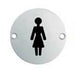 2x Bathroom Door Female Symbol Sign 64mm Fixing Centres 76mm Dia Polished Steel Loops