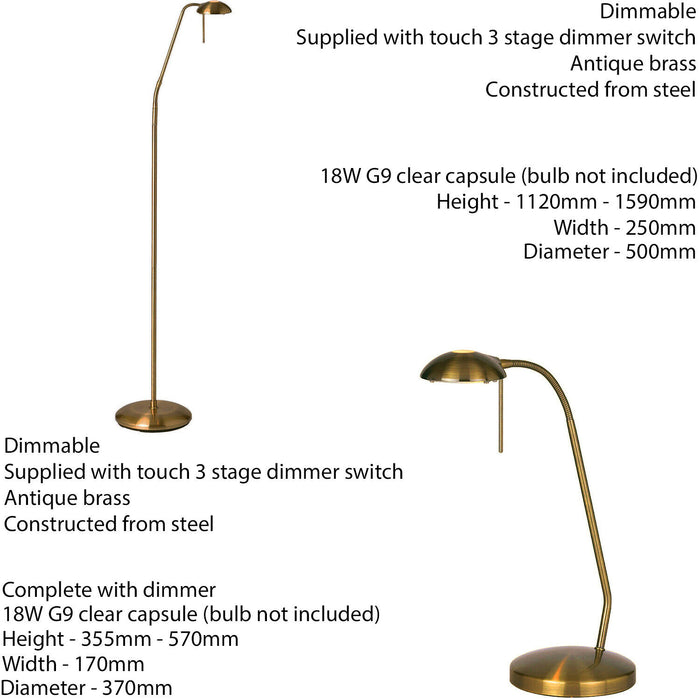Standing Floor & Table Lamp Set Antique Brass Touch Dimmer Adjustable Neck Light Loops