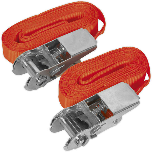 PAIR 25mm x 4.5m 500KG Self Securing Ratchet Tie Down Strap Set - Polyester Web Loops
