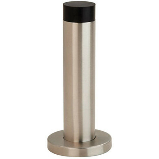 Wall Mounted Doorstop Cylinder on Rose Rubber Tip 102 x 22mm Satin Steel Loops