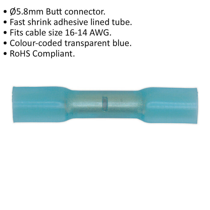 50 PACK 5.8mm Heat Shrink Butt Connector Terminal - 16 to 14 AWG Cable - Blue Loops