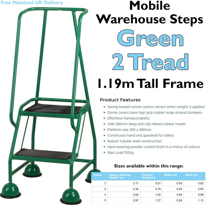 2 Tread Mobile Warehouse Steps GREEN 1.19m Portable Safety Ladder & Wheels Loops