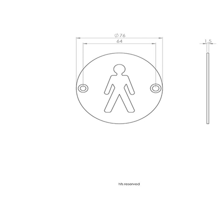 Bathroom Door Male Symbol Sign 64mm Fixing Centres 76mm Dia Polished Steel Loops