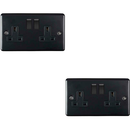 2 PACK 2 Gang Double UK Plug Socket MATT BLACK 13A Switched Power Outlet Loops
