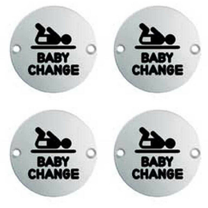 4x Bathroom Door Baby Change Sign 64mm Fixing Centres 76mm Dia Satin Steel Loops