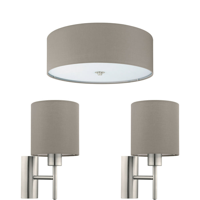 Low Ceiling Light & 2x Matching Wall Lights Taupe Fabric Round Shade Lamp Loops