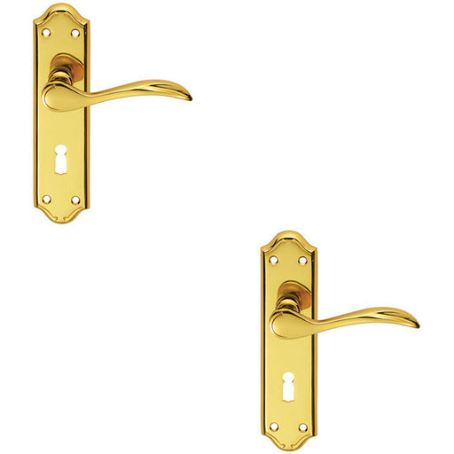 2x PAIR Curved Door Handle Lever on Lock Backplate 180 x 45mm Polished Brass Loops