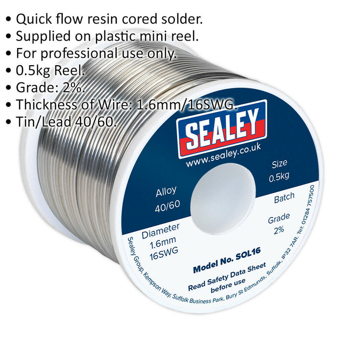 0.5kg Quick Flow Solder Wire Cable Reel Drum - 1.6mm 16SWG - 40/60 Tin/Lead Loops