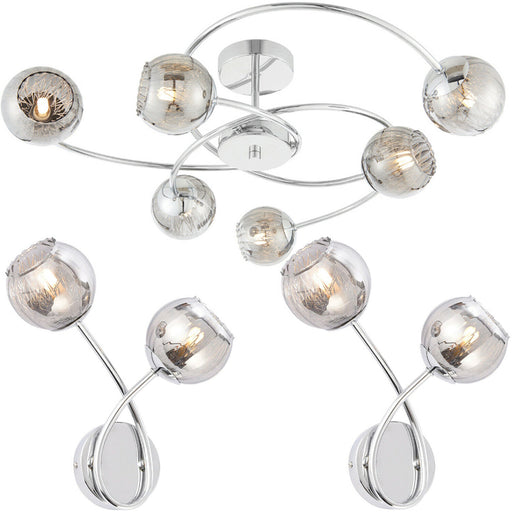 6 Arm Ceiling & 2x Wall Light Pack Chrome Smoked Glass Matching Indoor Fittings Loops
