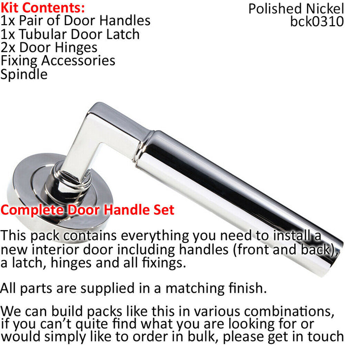 Door Handle & Latch Pack Polished Nickel Round Bar Lever Screwless Round Rose Loops