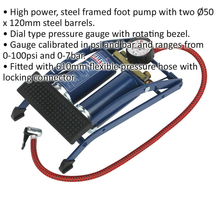 0-100psi Double Barrel Air Foot Pump - Car Tyres Inflatables Football Bicycle Loops