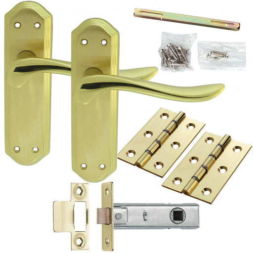 Door Handle & Latch Pack Brass Modern Curved Sculpted Lever Ornate Backplate Loops