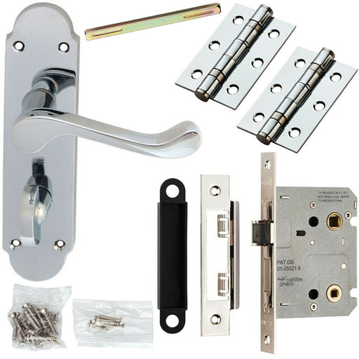 Door Handle & Bathroom Lock Pack Chrome Upturned Scroll Thumb Turn Backplate Loops