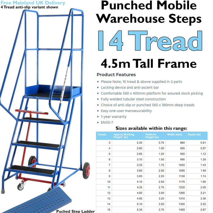 14 Tread Mobile Warehouse Stairs Punched Steps 4.5m EN131 7 BLUE Safety Ladder Loops