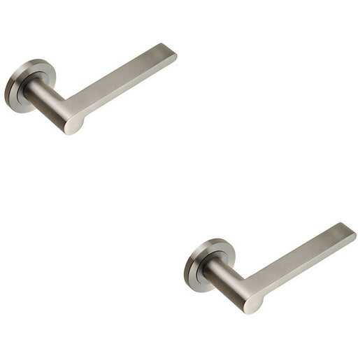 2x PAIR Flat Bar Lever with Rounded End on Round Rose Concealed Fix Satin Steel Loops