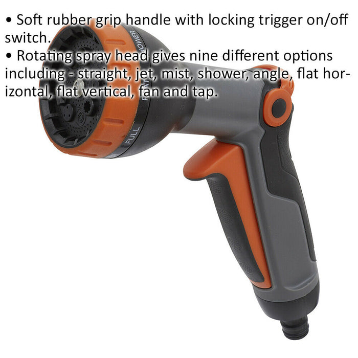 Water Spray Gun Handle - Rotary Head with Nine Patterns - Locking Trigger Loops