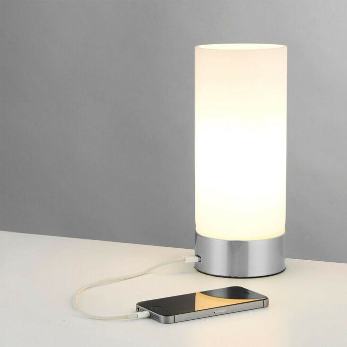 Touch Dimmable Table Lamp Nickel & Frosted Glass Shade Modern Light USB Charger Loops