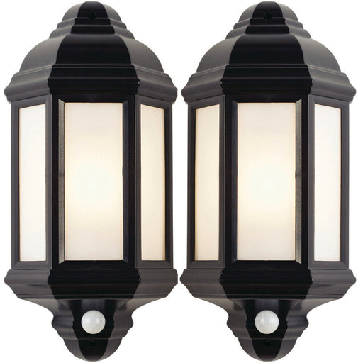 2 PACK IP44 Outdoor Wall Light Black Frosted Lantern Traditional PIR Motion Lamp Loops