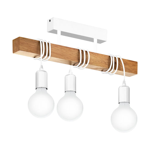 Semi Flush Ceiling Light White Steel & Wood Bar Lamp 3 x 60W E27 Bulb Loops