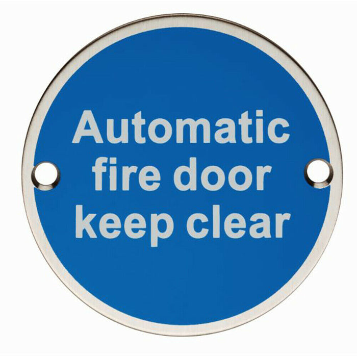 2x Automatic Fire Door Keep Clear Plaque 76mm Diameter Satin Stainless Steel Loops