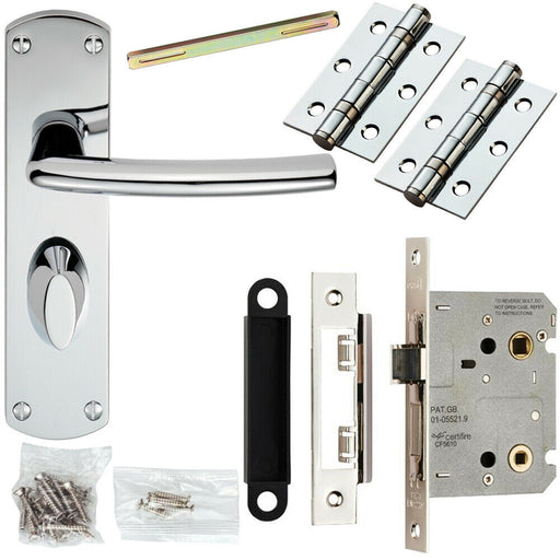 Door Handle & Bathroom Lock Pack Chrome Curved Bar Arm Thumb Turn Backplate Loops