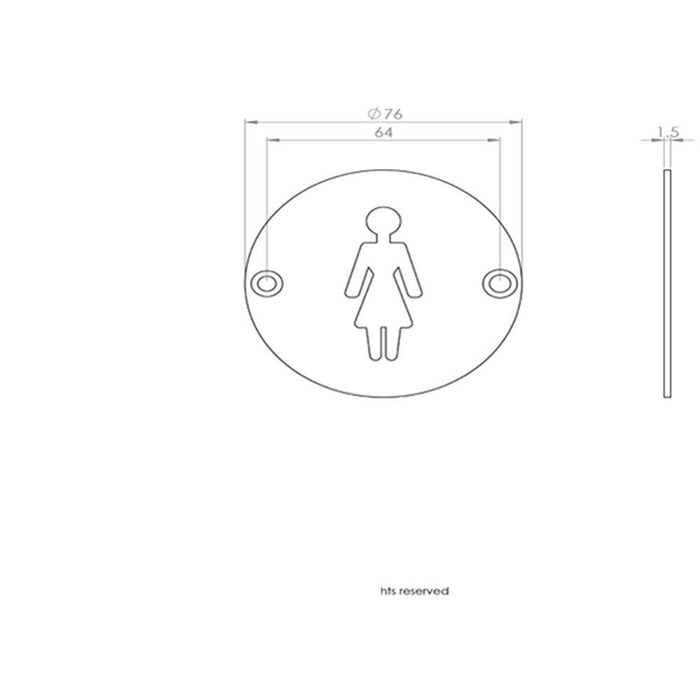 2x Bathroom Door Female Symbol Sign 64mm Fixing Centres 76mm Dia Polished Steel Loops