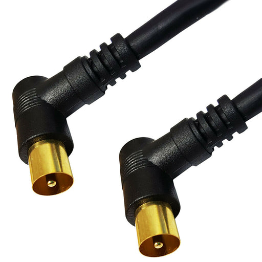 2x 1m TV Aerial Coaxial Cable Right Angle Male to Plug Lead Gold Connectors Loops