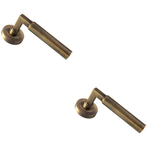 2x PAIR Straight Round Bar Handle on Round Rose Concealed Fix Antique Brass Loops