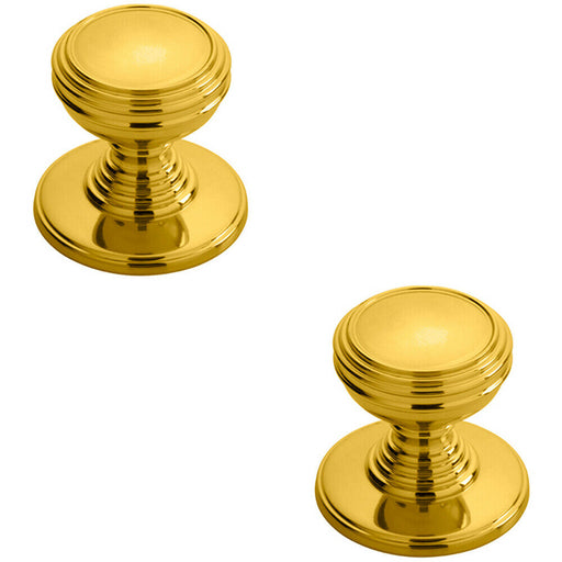 2x Ringed Tiered Cupboard Door Knob 30mm Diameter Polished Brass Cabinet Handle Loops
