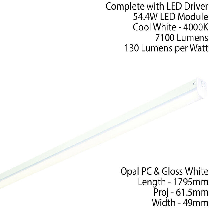 6ft SINGLE 54W Cool White LED Linear Ceiling Strip Light Slim Batten Lamp 7100Lm Loops
