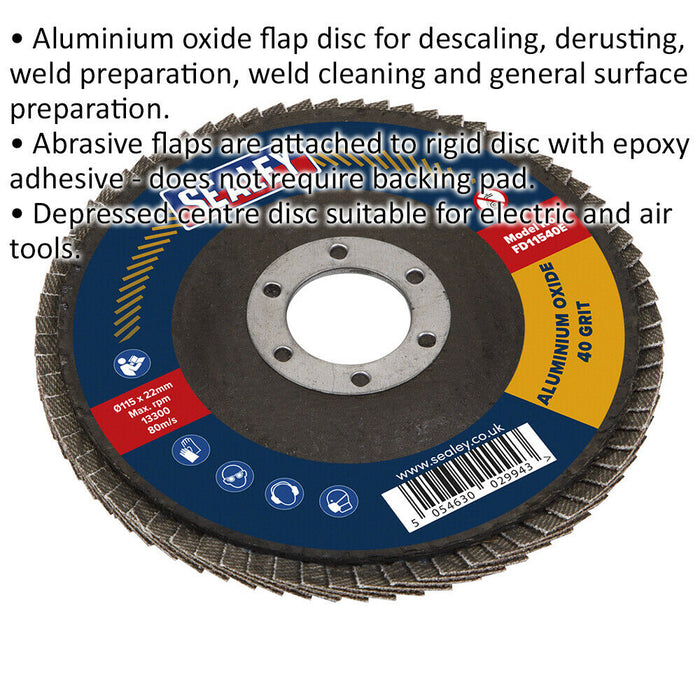 115mm Aluminium Oxide Flap Disc - 22mm Bore - Depressed Centre Disc - 40 Grit Loops