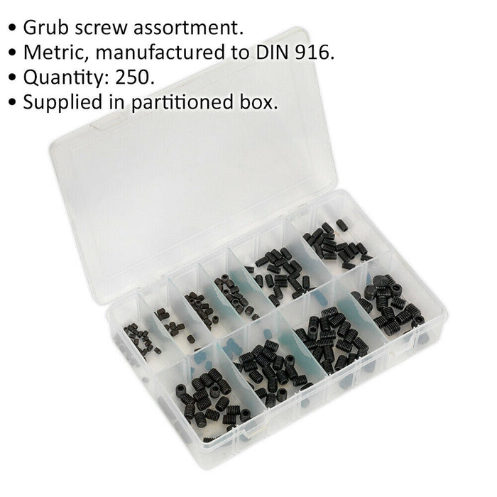 250 Piece Grub Screw Assortment - M4 to M10 - Partitioned Storage Box - DIN 916 Loops