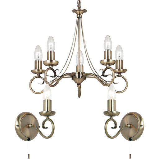 5 Bulb Ceiling Pendant & 2x Matching Wall Light Curved Antique Brass Chandelier Loops