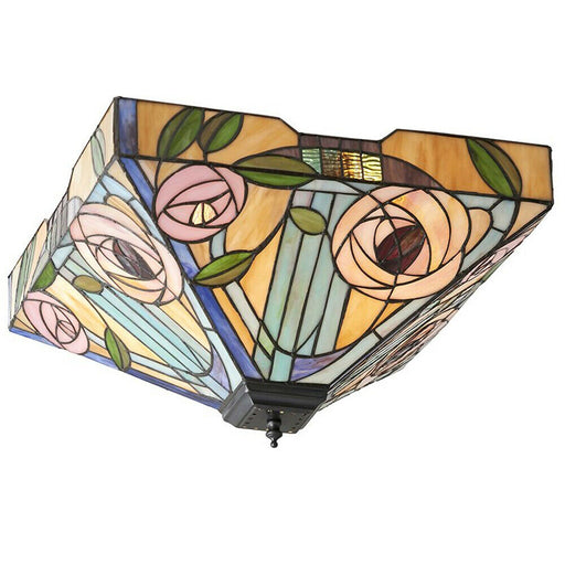 Tiffany Glass Semi Flush Ceiling Light Pink Rose Inverted Square Shade i00062 Loops
