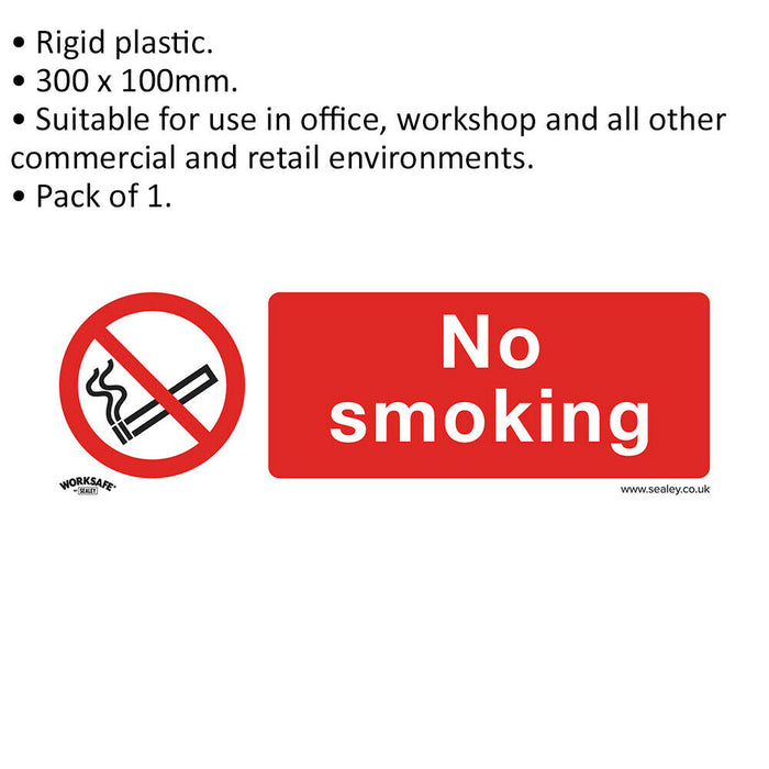 1x NO SMOKING Health & Safety Sign - Rigid Plastic 300 x 100mm Warning Plate Loops