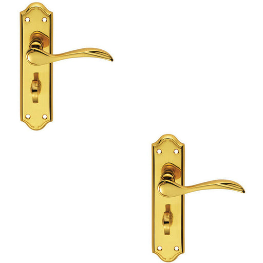 2x PAIR Curved Door Handle Lever on Bathroom Backplate 180 x 45mm Polished Brass Loops