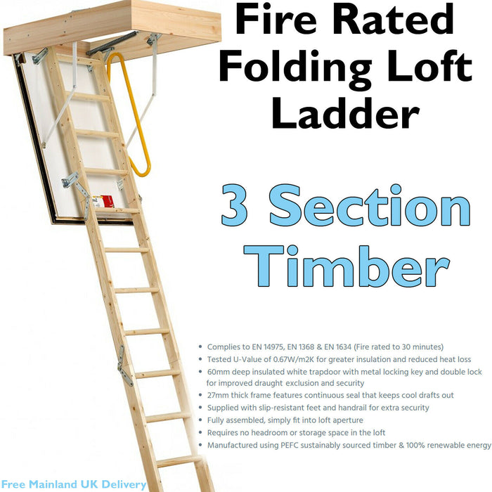 3 Section FIRE RATED Folding Loft Ladder & Handle Hatch & Frame 2.75m Height Loops