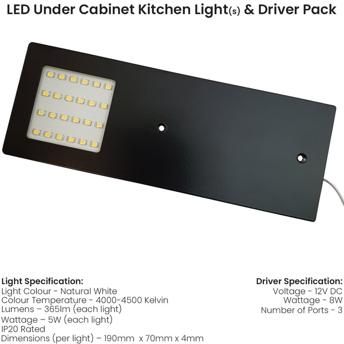 1x MATT BLACK Ultra-Slim Rectangle Under Cabinet Kitchen Light & Driver Kit - Natural White LED